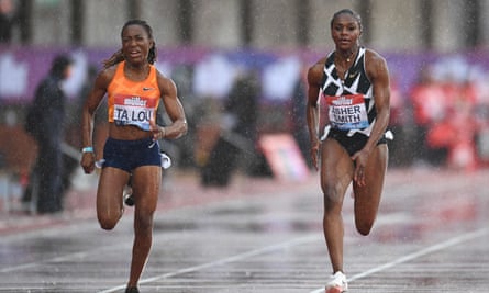 Britain’s Dina Asher-Smith (right) in the Diamond League at Gateshead International Stadium in May 2021. She has just set a 100m meeting record in Hengelo.
