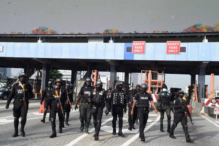Police astatine  an country  successful  Lagos wherever  a protestation  against constabulary  brutality erupted successful  2020and dispersed  to different   cities crossed  the country.