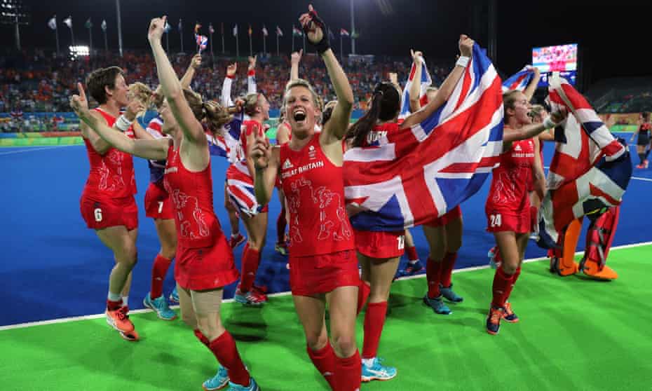 The female GB hockey team celebrate victory over Holland after the gold medal match at the Rio Olympics in 2016.