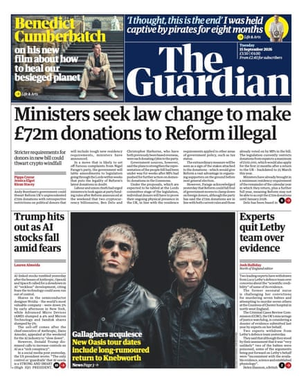 Front page of the Guardian 15 September 2026