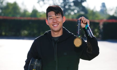 Spurs’ Son Heung-min shows off his Asian Games gold medal on his return to training