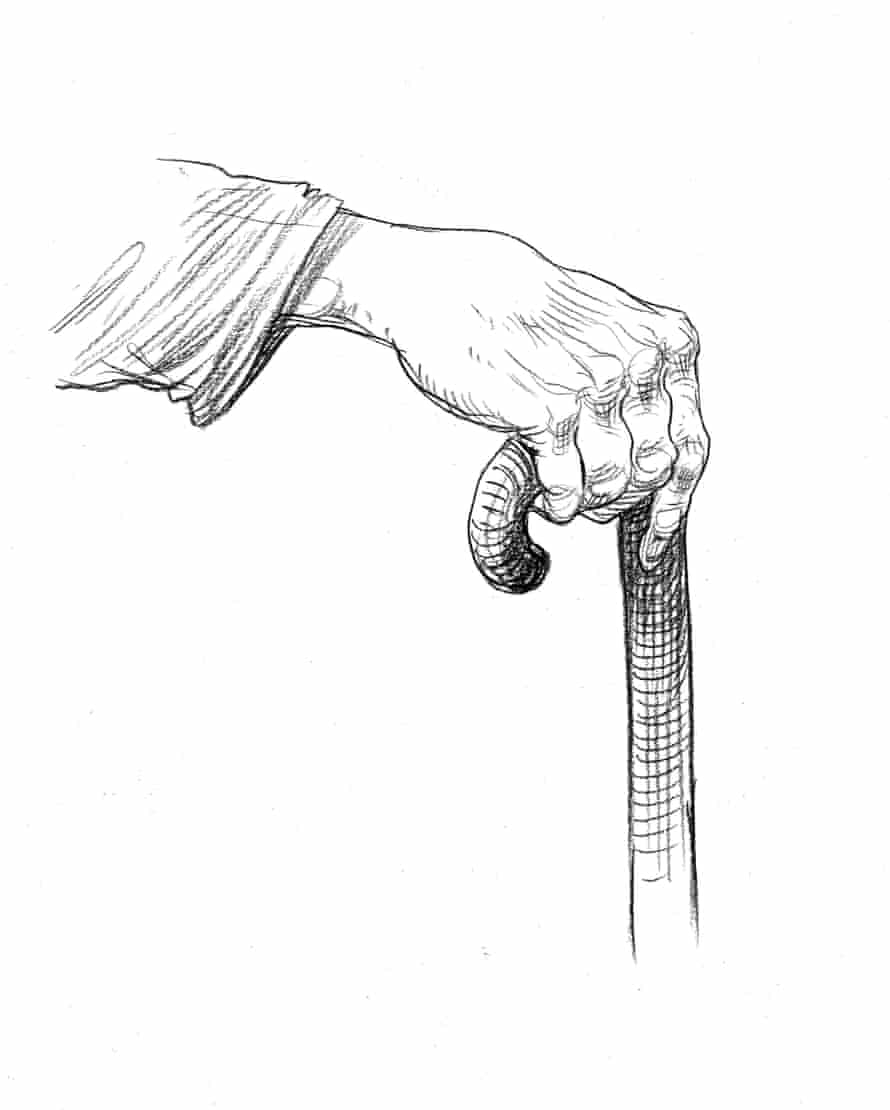 illustration of a hand on a walking stick by chris riddell