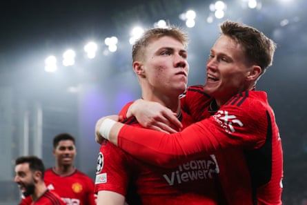 Rasmus Højlund is congratulated by Scott McTominay after scoring against Copenhagen