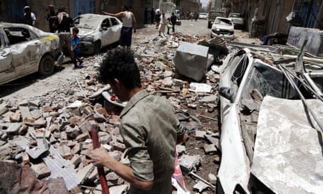 The aftermath of an airstrike carried out by warplanes of the Saudi-led coalition in Sana’a, Yemen