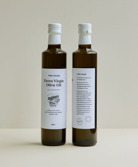 Two bottles of olive oil.