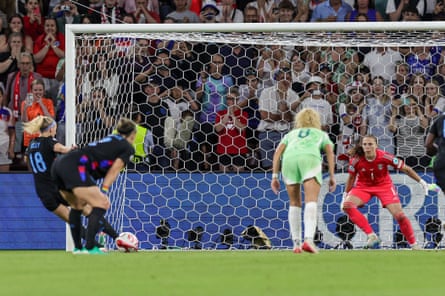 Chloe Kelly, left, takes the penalty that knocked Italy out and sent the Lionesses into the final.