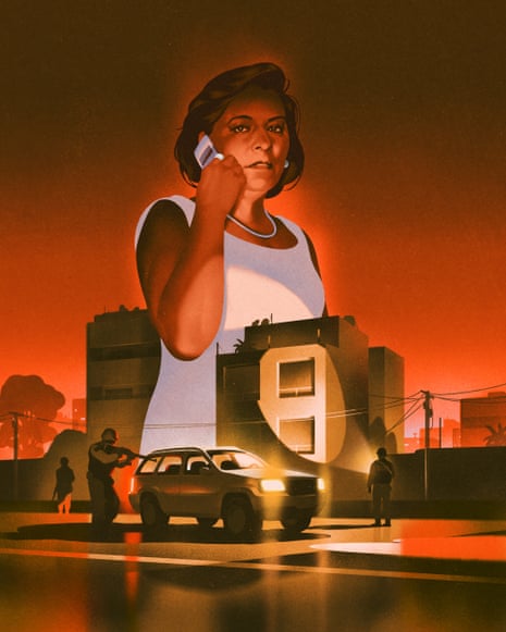 A large film-poster style portrait of a woman on a phone looms over a street scene with a car and silhouetted figures