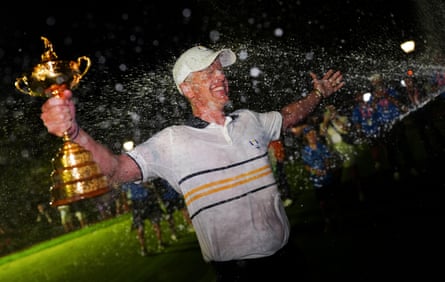 Luke Donald celebrates with the Ryder Cup after last year’s victory at Bethpage