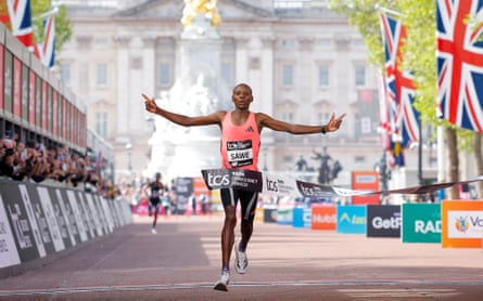 Sabastian Sawe of Kenya wins the London Marathon men’s elite race in a new world record time of 1hr 59min 30sec