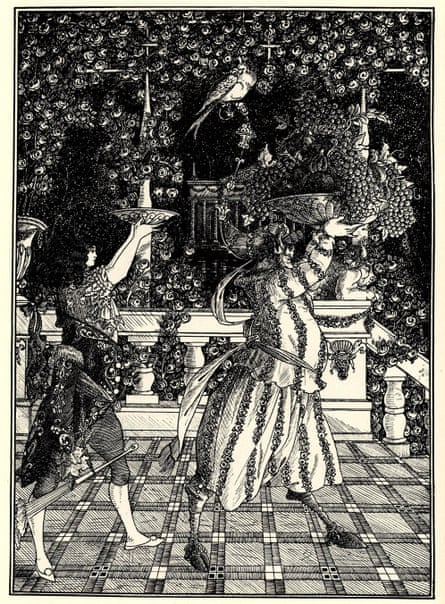 Two people bearing overflowing bowls of fruit in a garden