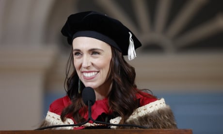 Jacinda Ardern delivers the keynote address at Harvard in 2022.