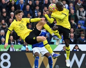Chelsea’s Kai Havertz (left) and Chelsea’s French midfielder N’Golo Kante clash as they jump for the same ball.
