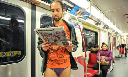 Subway riders strip down for No Pants winter prank