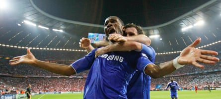 Chelsea’s Didier Drogba celebrates with Juan Mata after scoring a goal against Bayern Munich in the 2012 Champions League final.