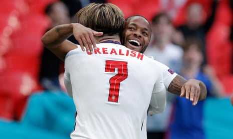 Raheem Sterling is congratulated by Jack Grealish after the Manchester City forward’s goal in England’s victory against the Czech Republic.