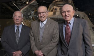 Apollo 8 crew, from left, William Anders, James Lovell, and Frank Borman, visiting the Museum of Science and Industry, Chicago, April 2018.