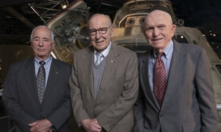 Apollo 8 crew, from left, William Anders, James Lovell, and Frank Borman, visiting the Museum of Science and Industry, Chicago, April 2018.