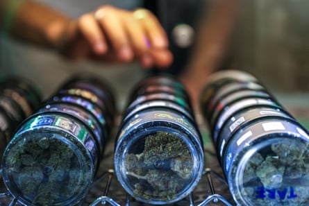 A staff member at a cannabis shop called “Green House Thailand” arranges cannabis inside his shop on Khaosan Road.