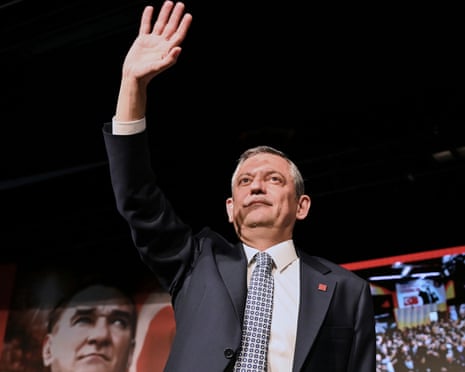 Özgür Özel gestures to party members during a speech in Ankara on 6 April 2025.