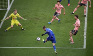Vardy’s striker is turned into the net by Ampadu.