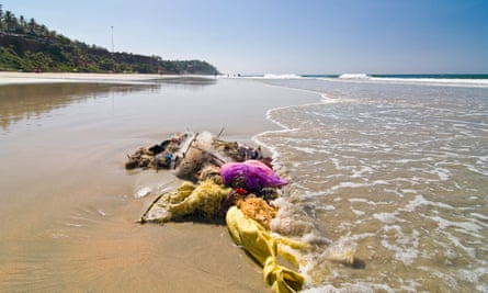Rubbish washed up on a beach at Varkala, Kerala