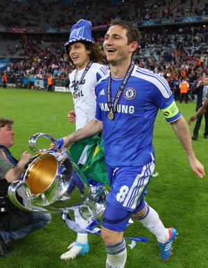 David Luiz and Frank Lampard of with the Champions League trophy after the 2012 final victory over Bayern Munich.