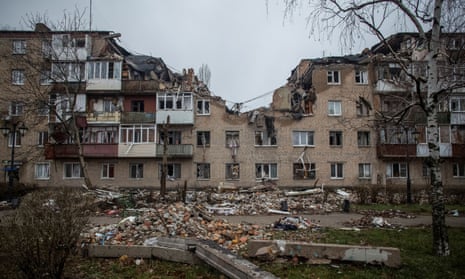 A residential building damaged by a Russian military strike in Bakhmut.