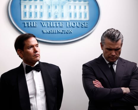Secretary of state Marco Rubio and defense secretary Pete Hegseth at a press conference in the White House after the shooting on Saturday night.