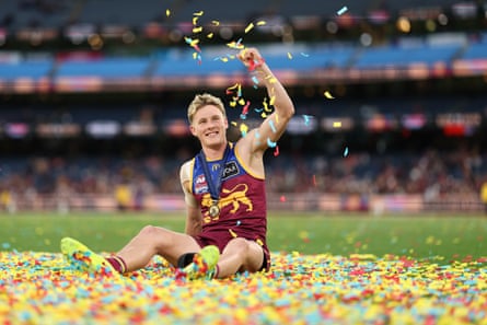 Jaspa Fletcher celebrates Brisbane Lions’ victory over Geelong Cats in the AFL grand final at the MCG