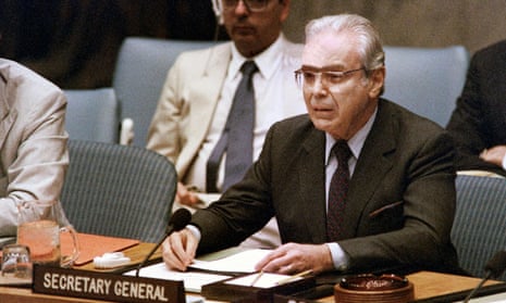 Javier Pérez de Cuéllar announces a ceasefire in the Iran-Iraq war at the UN in 1988. It was his greatest triumph as an understated UN chief.