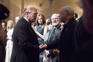 The then president, Donald Trump, shakes Powell’s hand before delivering remarks at the Ford’s Theatre Society annual gala at in Washington DC in 2019