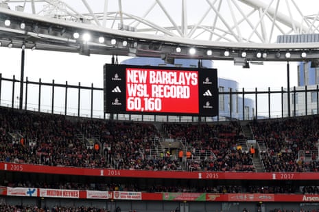 A view of the scoreboard which reads "New Barclays WSL Record 60,160" can be seen during the Barclays Women's Super League match between Arsenal FC and Manchester United at Emirates Stadium