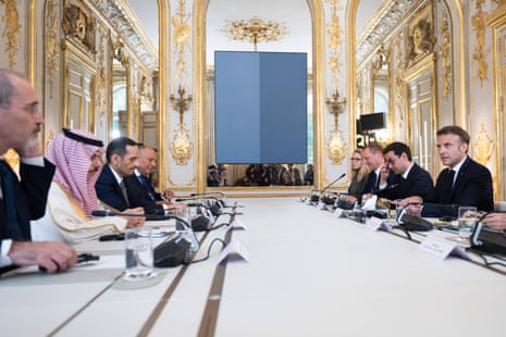 French president Emmanuel Macron in a meeting with the prime minister of Qatar and the Saudi, Egyptian and Jordanian foreign ministers on Friday at the Élysée Palace in Paris.