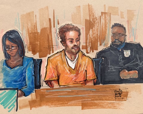 a courtroom sketch of a man in a prison jumpsuit sitting in court