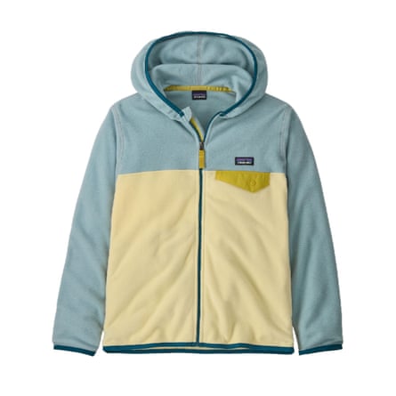 A teal and cream hooded kids’ fleece with a zip down the centre