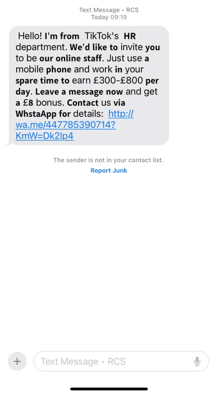 Screengrab of work scam claim to be from TikTok HR department