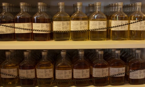 Whisky samples line the shelves at Venture Whisky’s distillery in Chichibu, Japan