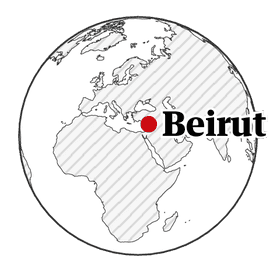 Black and white map of the globe with Beirut marked in red.