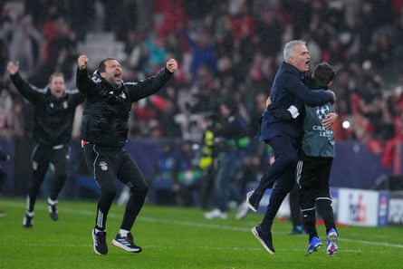 Benfica’s head coach, José Mourinho, channels his inner Duncan Ferguson by embracing a ballboy