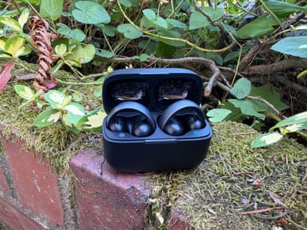 Open earbuds let you tune in without tuning out the world. Here are the five best pairs | headphones Black earbuds in case sit on brick wall by plants outside