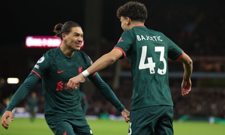 Darwin Núñez congratulates Stefan Bajcetic on scoring Liverpool's third goal
