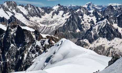 Ice climbers on Mont Blanc at the French-Italian border. 