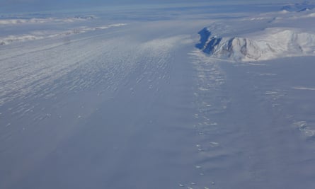 A tributary ice stream flowing from the Transantarctic mountains into the Ross ice shelf.