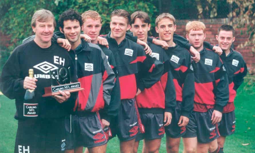 Youth team coach Eric Harrison with prodigies Ryan Giggs, Nick Butt, David Beckham, Gary Neville, Phil Neville, Paul Scholes and Terry Cooke.