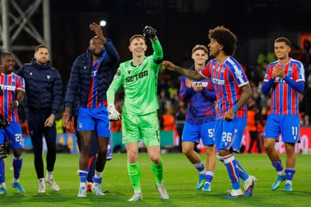 Jean-Philippe Mateta (centre left) Dean Henderson and Chris Richards (centre right) celebrate after Crystal Palace reached the Conference League final.