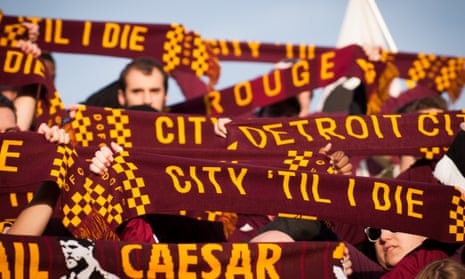 Detroit City FC scarves. The club was founded in 2012, and attendances have trebled in three years.