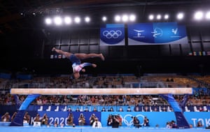 Simone Biles of the United States is seen in action on the balance beam at the Ariake Gymnastics Centre during the Tokyo 2020 Olympics