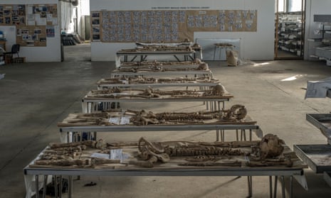 The remains of people massacred during the Bosnian war are laid out on tables at the Krajina Identification Project in Sanski Most.