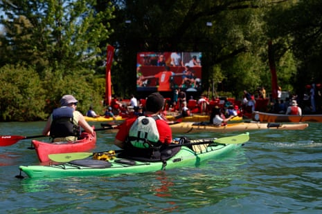 Fans watching the match from kayaks at Olympic Island in Toronto look on as Franck Kessie scores the opener.