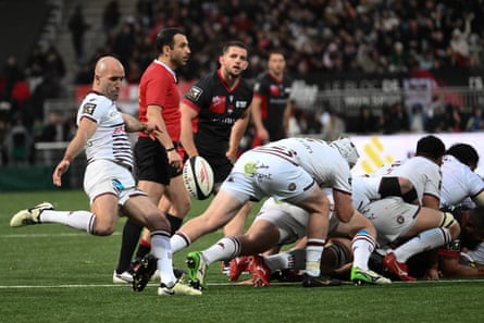 Bordeaux’s scrum-half Maxime Lucu prepares to clear the ball against Lyon